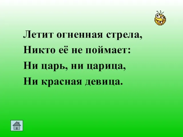 Летит огненная стрела, Никто её не поймает: Ни царь, ни царица, Ни красная девица.