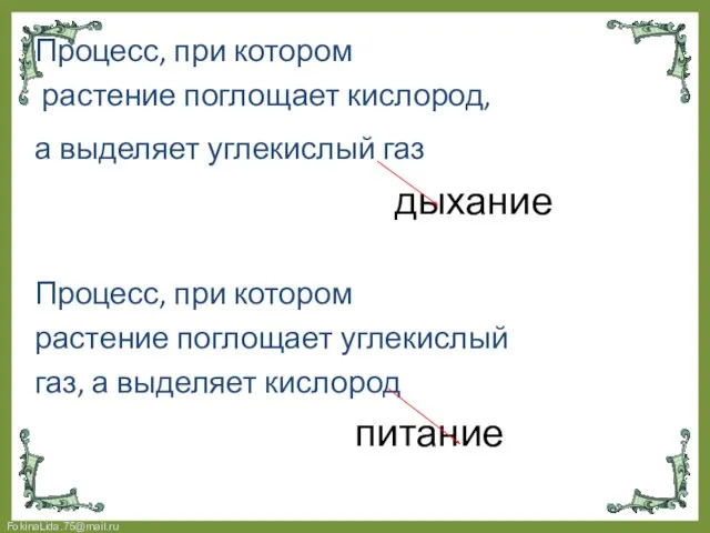 Процесс, при котором растение поглощает кислород, а выделяет углекислый газ дыхание Процесс,