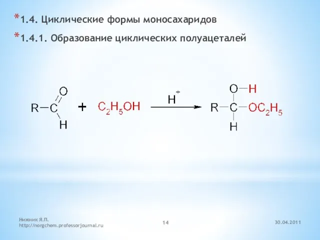 30.04.2011 Нижник Я.П. http://norgchem.professorjournal.ru 1.4. Циклические формы моносахаридов 1.4.1. Образование циклических полуацеталей