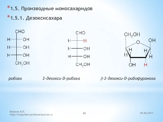 30.04.2011 Нижник Я.П. http://norgchem.professorjournal.ru 1.5. Производные моносахаридов 1.5.1. Дезоксисахара рибоза 2-дезокси-D-рибоза β-2-дезокси-D-рибофураноза