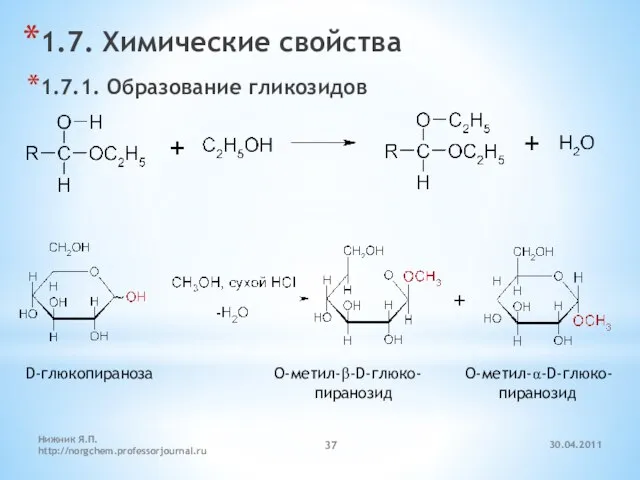 30.04.2011 Нижник Я.П. http://norgchem.professorjournal.ru 1.7. Химические свойства 1.7.1. Образование гликозидов D-глюкопираноза O-метил-β-D-глюко- O-метил-α-D-глюко- пиранозид пиранозид