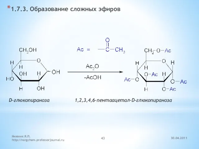 30.04.2011 Нижник Я.П. http://norgchem.professorjournal.ru 1.7.3. Образование сложных эфиров D-глюкопираноза 1,2,3,4,6-пентаацетал-D-глюкопираноза