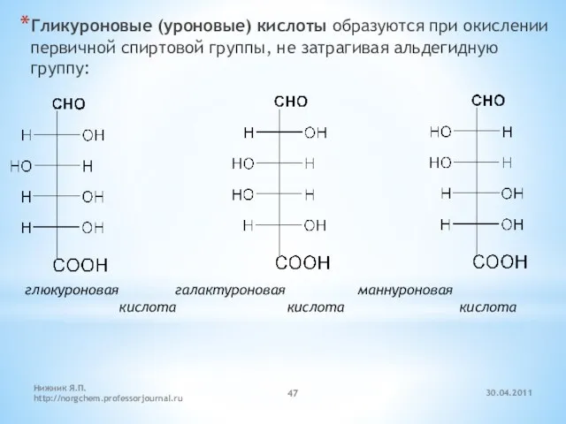 30.04.2011 Нижник Я.П. http://norgchem.professorjournal.ru Гликуроновые (уроновые) кислоты образуются при окислении первичной спиртовой