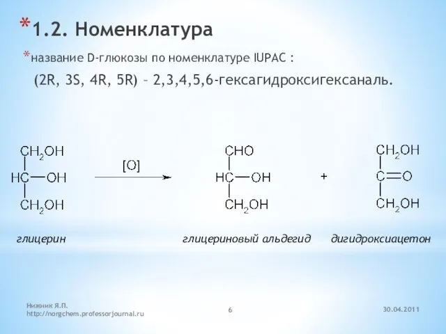 30.04.2011 Нижник Я.П. http://norgchem.professorjournal.ru 1.2. Номенклатура название D-глюкозы по номенклатуре IUPAC :