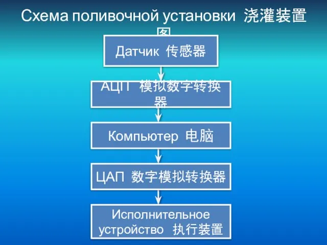 Схема поливочной установки 浇灌装置图 Датчик 传感器 АЦП 模拟数字转换器 Компьютер 电脑 ЦАП 数字模拟转换器 Исполнительное устройство 执行装置