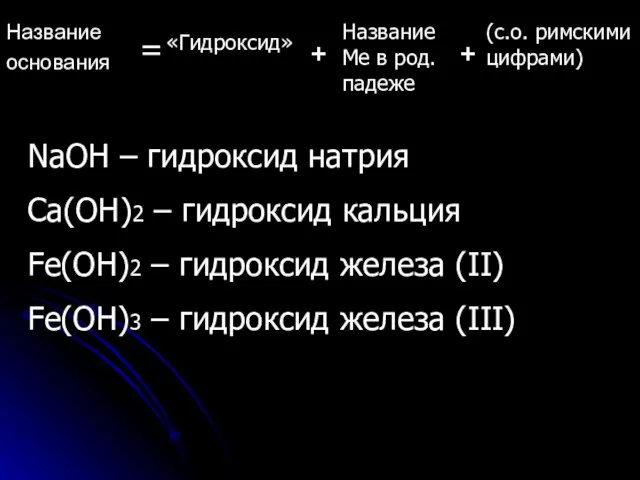 Название основания = «Гидроксид» + Название Ме в род. падеже + (с.о.