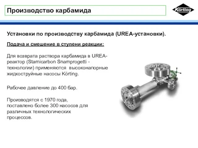 Производство карбамида Установки по производству карбамида (UREA-установки). Подача и смешение в ступени