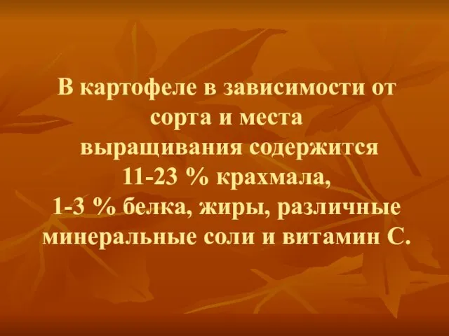 В картофеле в зависимости от сорта и места выращивания содержится 11-23 %