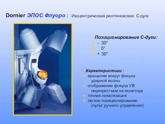 Dornier ЭПОС Флуоро : Изоцентрическая рентгеновская C-дуга Позиционирование С-дуги: - 30° 0°