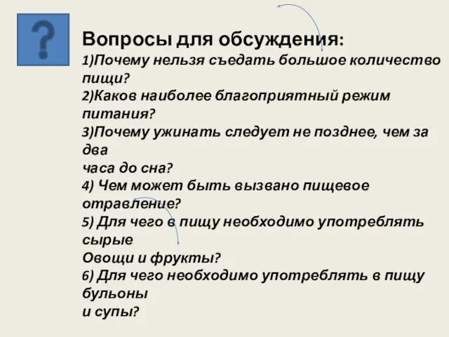 Вопросы для обсуждения: 1)Почему нельзя съедать большое количество пищи? 2)Каков наиболее благоприятный