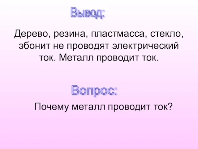 Вывод: Почему металл проводит ток? Вопрос: Дерево, резина, пластмасса, стекло, эбонит не