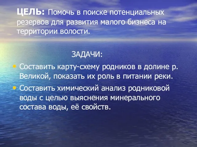 ЦЕЛЬ: Помочь в поиске потенциальных резервов для развития малого бизнеса на территории