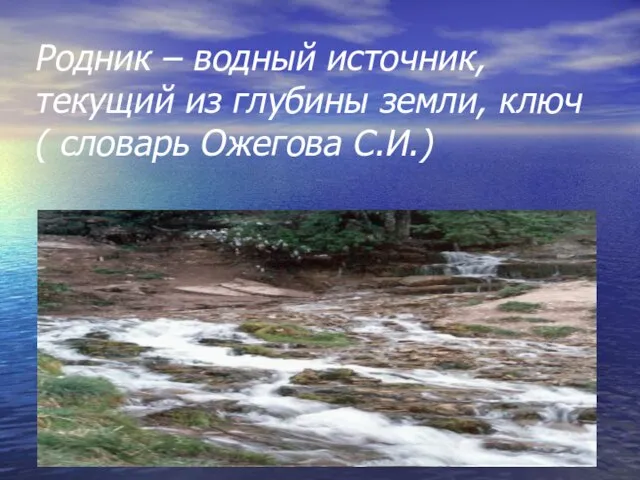 Родник – водный источник, текущий из глубины земли, ключ ( словарь Ожегова С.И.)