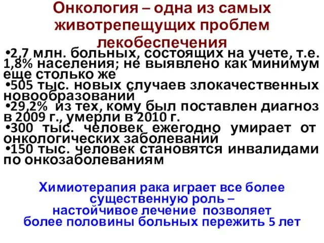 Онкология – одна из самых животрепещущих проблем лекобеспечения 2,7 млн. больных, состоящих