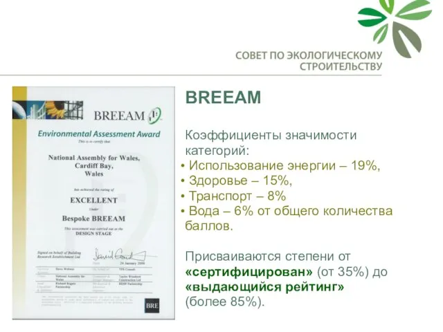 BREEAM Коэффициенты значимости категорий: Использование энергии – 19%, Здоровье – 15%, Транспорт