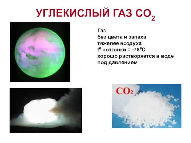 УГЛЕКИСЛЫЙ ГАЗ CO2 Газ без цвета и запаха тяжелее воздуха t0 возгонки