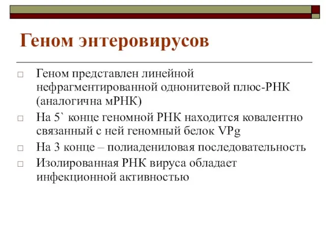 Геном энтеровирусов Геном представлен линейной нефрагментированной однонитевой плюс-РНК (аналогична мРНК) На 5`