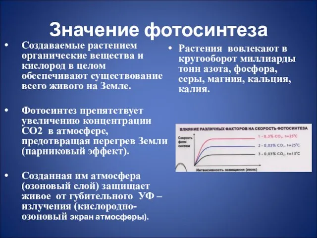 Значение фотосинтеза Создаваемые растением органические вещества и кислород в целом обеспечивают существование