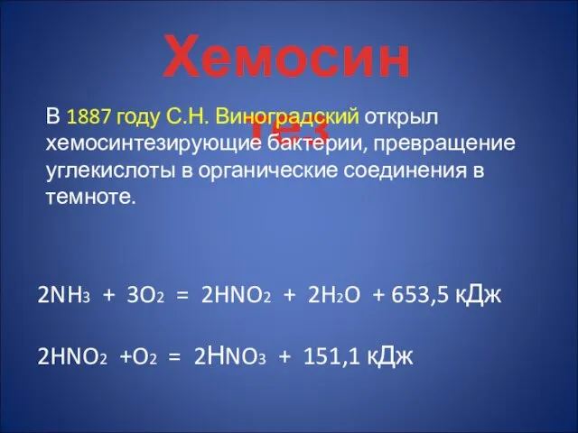 Хемосинтез 2NH3 + 3O2 = 2HNO2 + 2H2O + 653,5 кДж 2HNO2