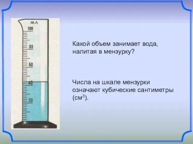 Какой объем занимает вода, налитая в мензурку? Числа на шкале мензурки означают кубические сантиметры (см3).