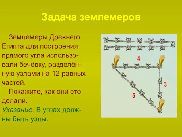 Задача землемеров Землемеры Древнего Египта для построения прямого угла использо- вали бечёвку,