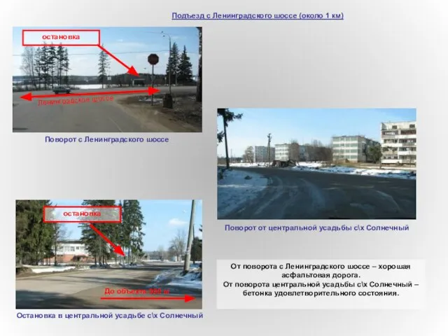 остановка Подъезд с Ленинградского шоссе (около 1 км) Поворот с Ленинградского шоссе