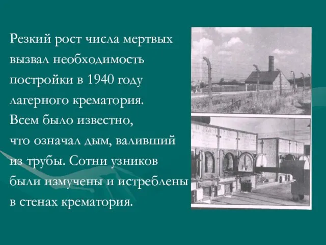 Резкий рост числа мертвых вызвал необходимость постройки в 1940 году лагерного крематория.