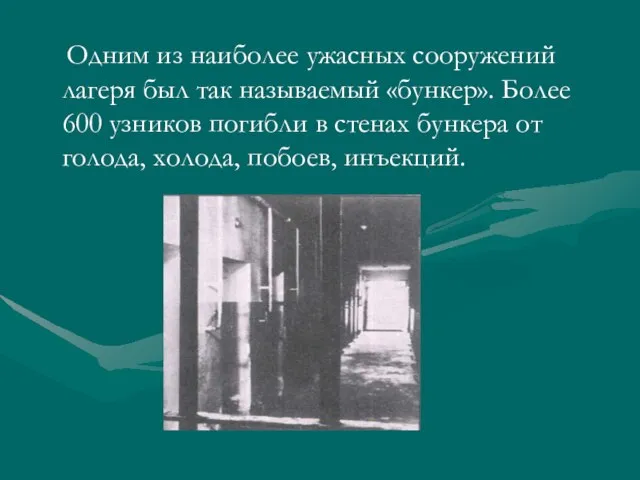 Одним из наиболее ужасных сооружений лагеря был так называемый «бункер». Более 600