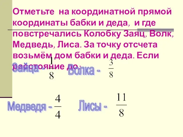 Отметьте на координатной прямой координаты бабки и деда, и где повстречались Колобку