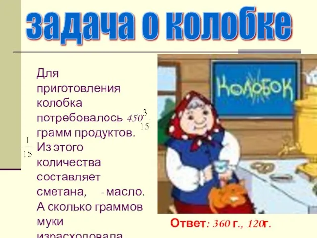 задача о колобке Для приготовления колобка потребовалось 450 грамм продуктов. Из этого