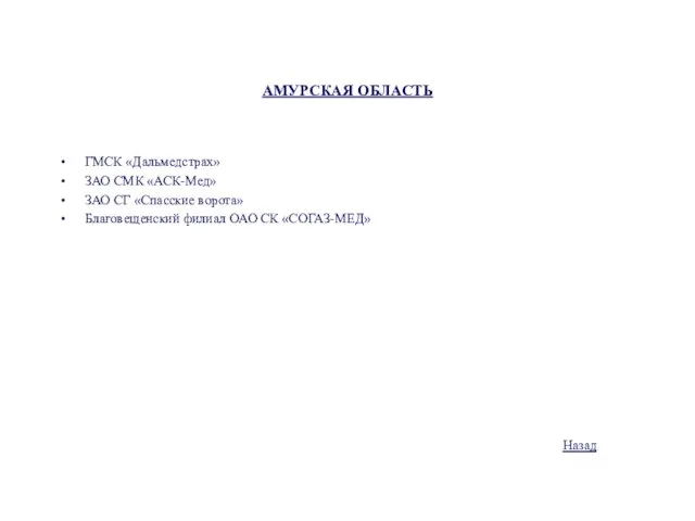 АМУРСКАЯ ОБЛАСТЬ ГМСК «Дальмедстрах» ЗАО СМК «АСК-Мед» ЗАО СГ «Спасские ворота» Благовещенский