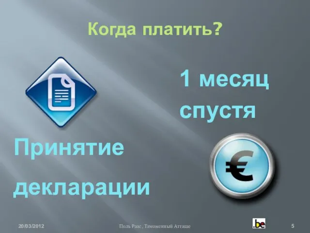 Когда платить? 20/03/2012 Поль Раас, Таможенный Атташе 1 месяц спустя Принятие декларации