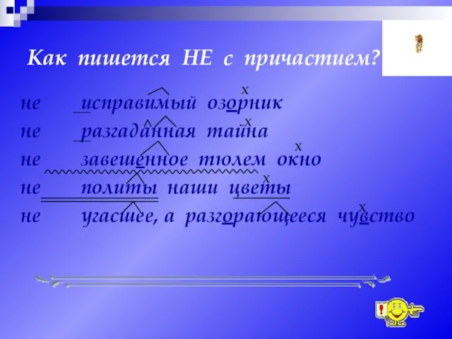 Как пишется НЕ с причастием? исправимый озорник разгаданная тайна завешенное тюлем окно