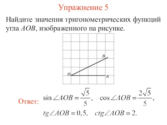 Упражнение 5 Найдите значения тригонометрических функций угла AOB, изображенного на рисунке.