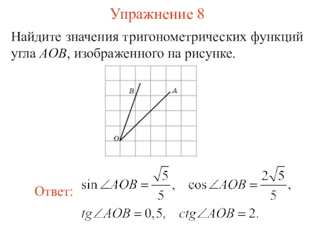 Упражнение 8 Найдите значения тригонометрических функций угла AOB, изображенного на рисунке.