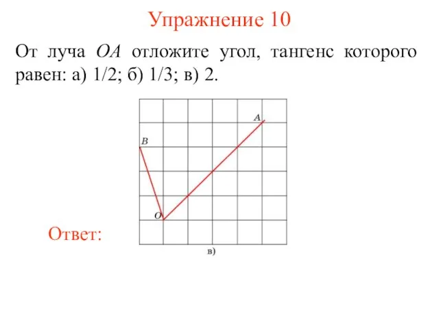 Упражнение 10 От луча OA отложите угол, тангенс которого равен: а) 1/2; б) 1/3; в) 2.