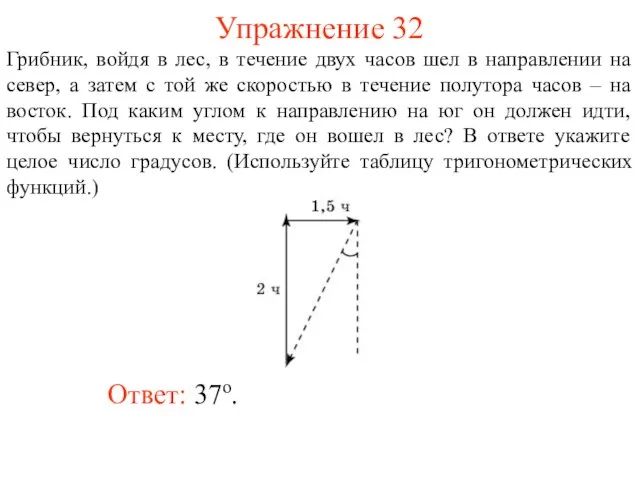 Упражнение 32 Ответ: 37о. Грибник, войдя в лес, в течение двух часов