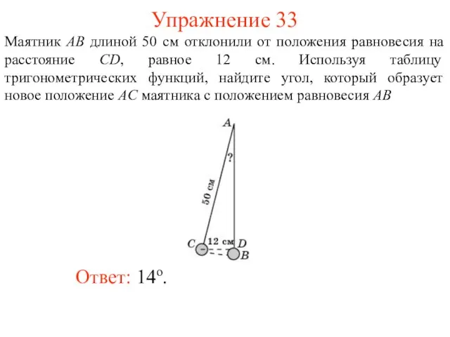 Упражнение 33 Ответ: 14о. Маятник AB длиной 50 см отклонили от положения