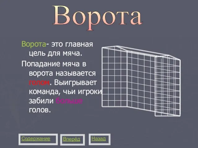 Ворота- это главная цель для мяча. Попадание мяча в ворота называется голом.