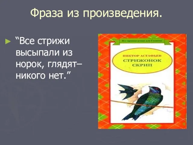 Фраза из произведения. “Все стрижи высыпали из норок, глядят– никого нет.”