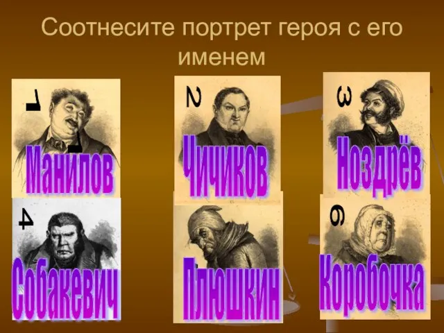 Соотнесите портрет героя с его именем Манилов Чичиков Ноздрёв Собакевич Плюшкин Коробочка