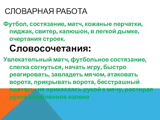 СЛОВАРНАЯ РАБОТА Футбол, состязание, матч, кожаные перчатки, пиджак, свитер, капюшон, в легкой