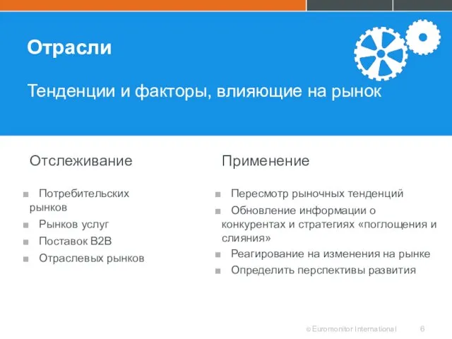 Отрасли Тенденции и факторы, влияющие на рынок Отслеживание Потребительских рынков Рынков услуг