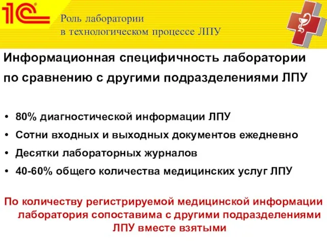 Роль лаборатории в технологическом процессе ЛПУ Информационная специфичность лаборатории по сравнению с