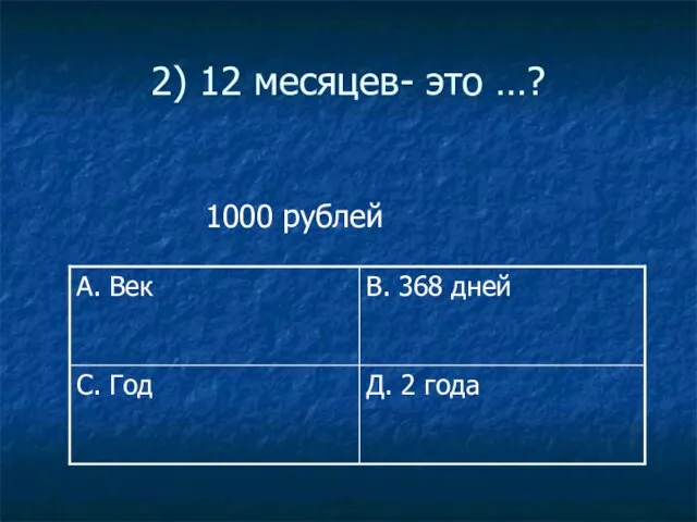 2) 12 месяцев- это …? 1000 рублей Д. 2 года С. Год