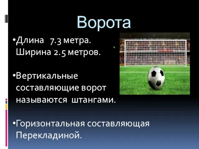 Ворота Длина 7.3 метра. Ширина 2.5 метров. Вертикальные составляющие ворот называются штангами. Горизонтальная составляющая Перекладиной.