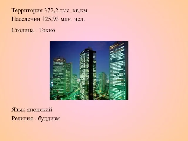 Территория 372,2 тыс. кв.км Населении 125,93 млн. чел. Столица - Токио Язык японский Религия - буддизм