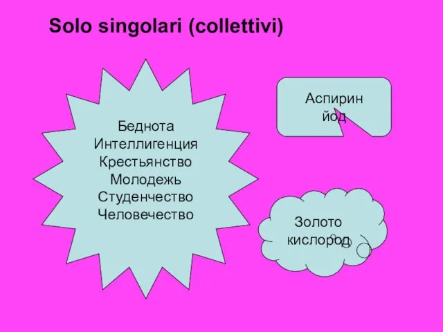 Solo singolari (collettivi) Аспирин йод Золото кислород Беднота Интеллигенция Крестьянство Молодежь Студенчество Человечество