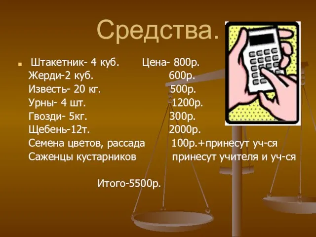 Средства. Штакетник- 4 куб. Цена- 800р. Жерди-2 куб. 600р. Известь- 20 кг.