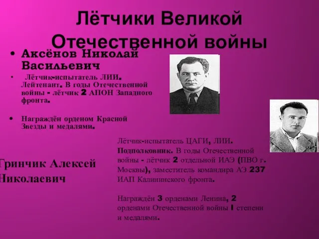 Лётчики Великой Отечественной войны Аксёнов Николай Васильевич Лётчик-испытатель ЛИИ. Лейтенант. В годы